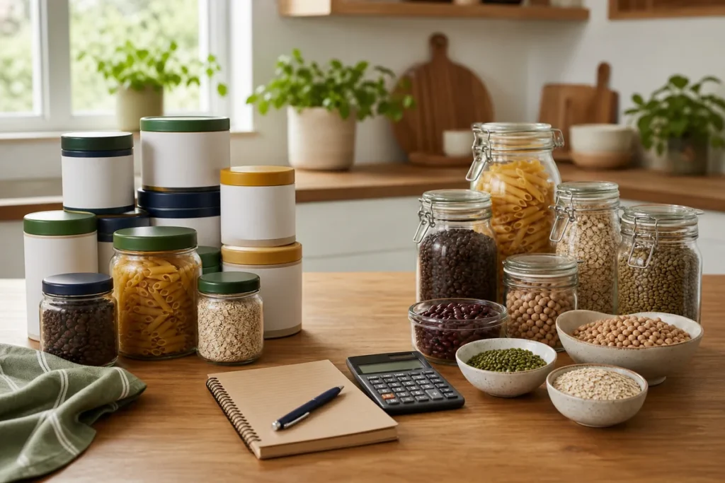 Blank pantry containers compared with the same foods in plain glass jars and bowls.