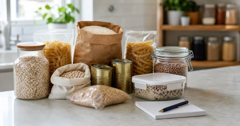 Bulk rice, pasta, oats, beans and tins arranged beside airtight food containers
