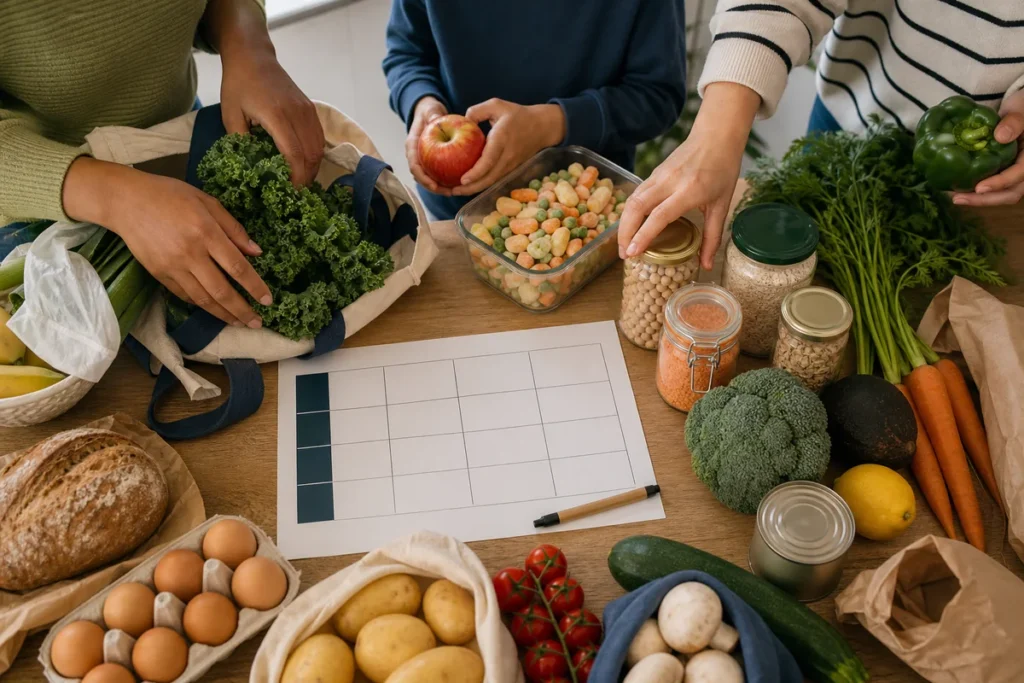 Adult and child hands arranging varied groceries around a blank weekly meal planner.