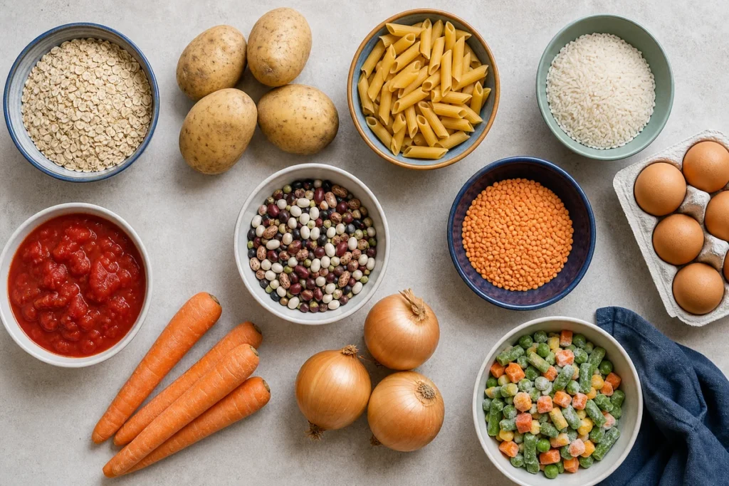 Oats, potatoes, pasta, rice, eggs, beans, lentils, tomatoes and vegetables arranged for flexible budget meals