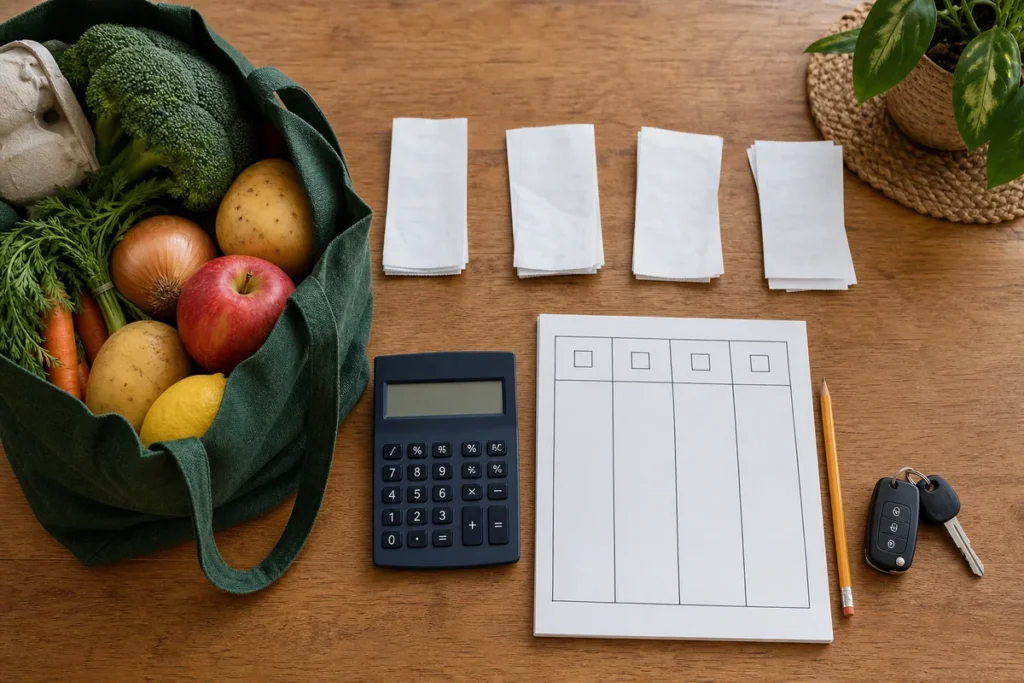 Four groups of receipts, a calculator and a blank four-week tracker beside groceries and car keys.
