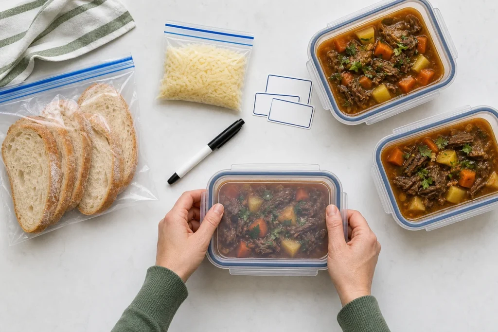 Cooked meals, sliced bread and grated cheese portioned into labelled freezer-safe containers and bags
