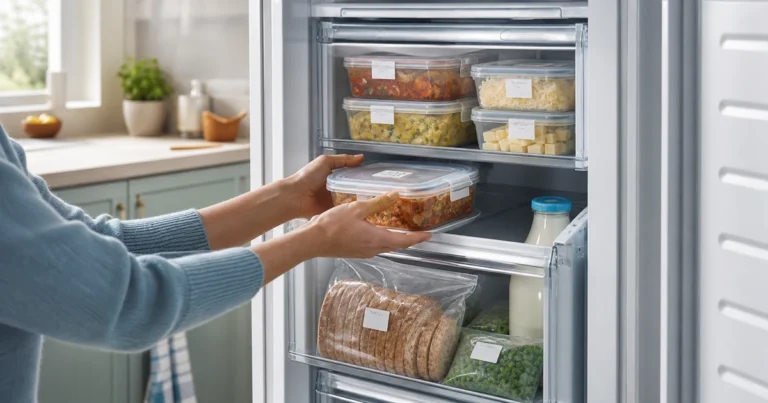 Organised freezer with portioned cooked meals, sliced bread, milk, grated cheese and vegetables