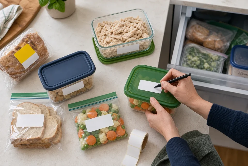 Hands portioning and labelling reduced food in freezer-safe containers and bags
