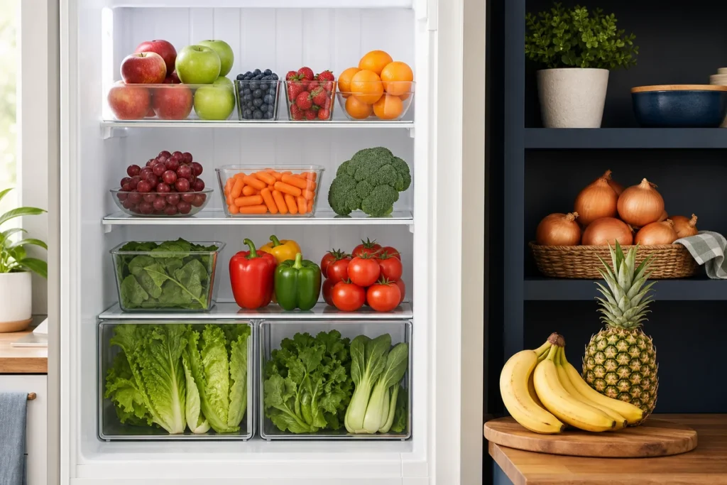 Fruit and vegetables stored in a fridge, with bananas, pineapple and onions kept separately