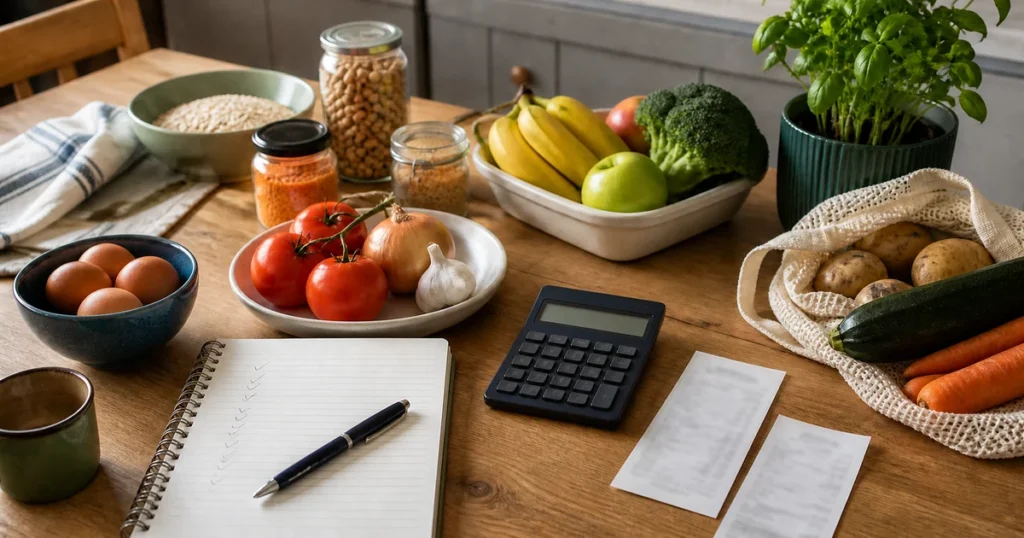 Unbranded groceries, two blurred receipts, a calculator and a checklist arranged on a kitchen table.