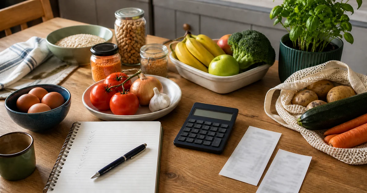 Unbranded groceries, two blurred receipts, a calculator and a checklist arranged on a kitchen table.