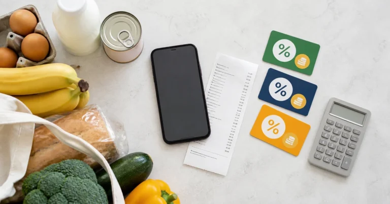 Smartphone, grocery receipt, calculator and three generic cashback offer cards beside fresh food