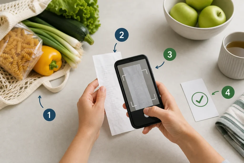 Shopper photographing an itemised grocery receipt beside food and a four-step claim sequence