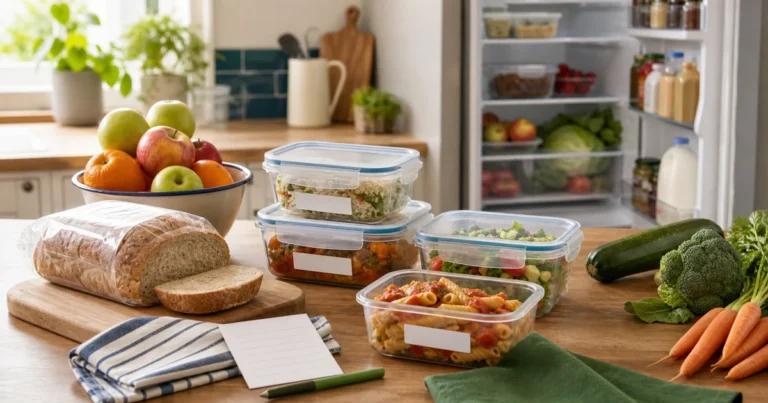 Organised groceries and portioned leftovers beside an open fridge