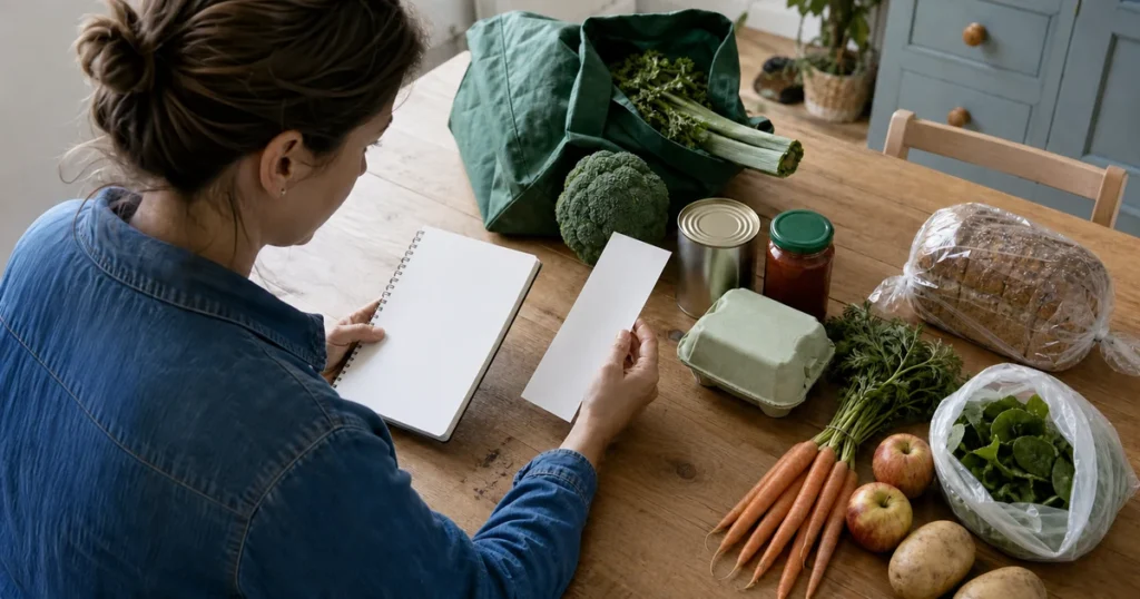 Shopper planning a grocery purchase beside unbranded food on a kitchen table