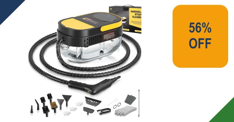 Black and yellow Gautye steam cleaner with accessories
