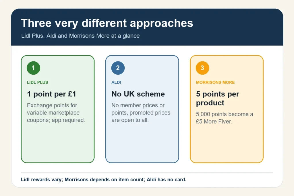 Lidl Plus, Aldi and Morrisons More reward mechanics shown in three comparison panels.