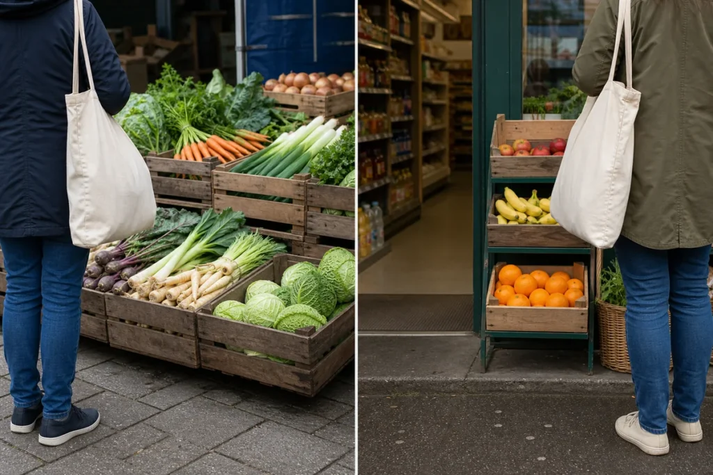 A shopper comparing fresh produce at a local market stall and a generic convenience store.