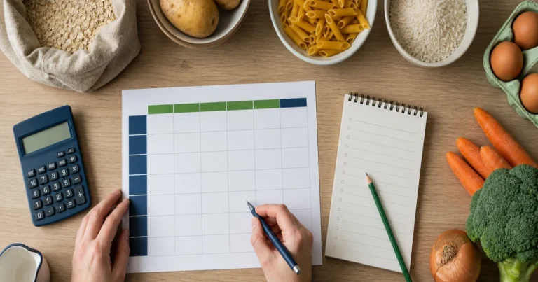 Weekly meal plan beside a shopping list, calculator and unbranded staple foods