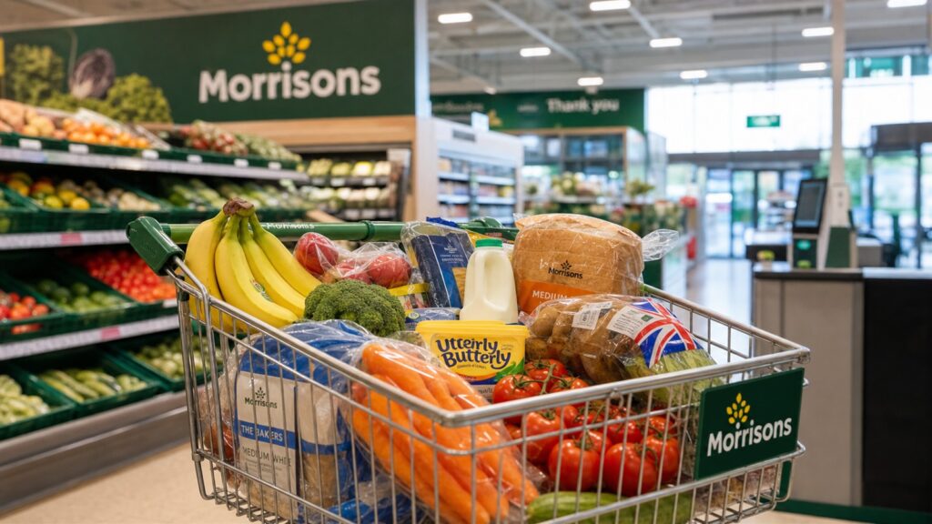 Morrisons shopping trolley filled with groceries in a supermarket produce aisle.