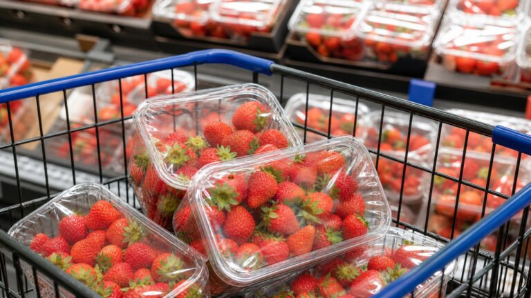 Punnets of fresh strawberries in a supermarket shopping basket beside a produce display.