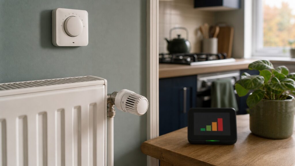Radiator and wall thermostat beside a generic smart energy display in a British home.