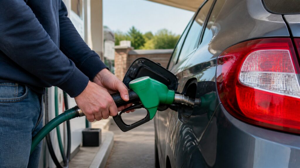 Driver refuelling a family hatchback with a green petrol nozzle at a UK forecourt.
