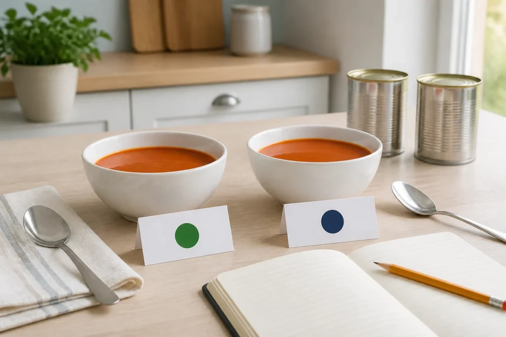 Two equal bowls of tomato soup labelled with coloured circles beside a blank tasting notebook