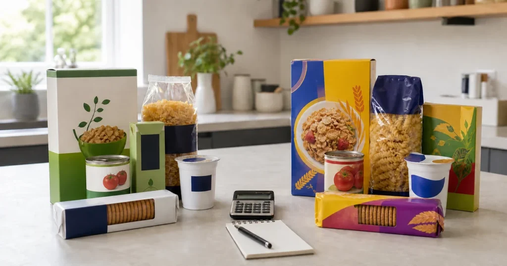 Plain own-brand groceries and colourful generic alternatives compared beside a calculator and shopping list