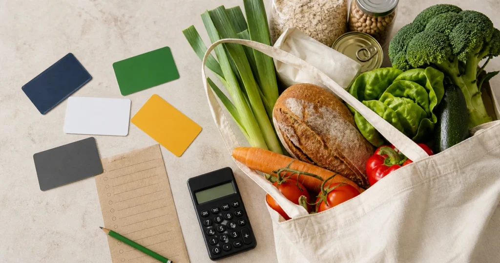 Blank loyalty cards beside a grocery bag, calculator and shopping list.