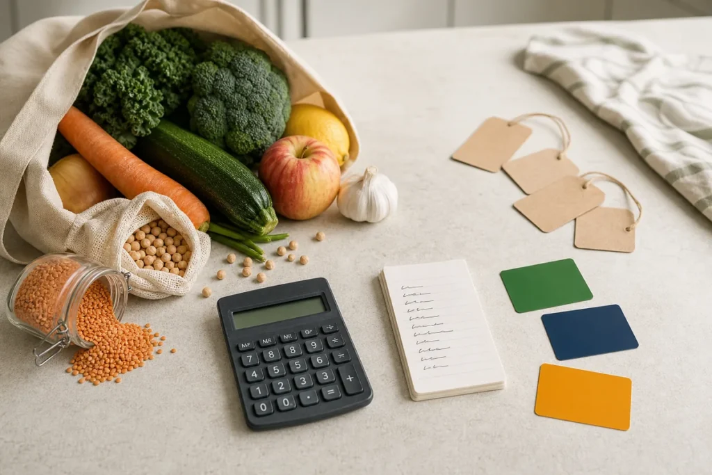 Planned groceries beside a calculator, blank loyalty cards and blank offer tags.