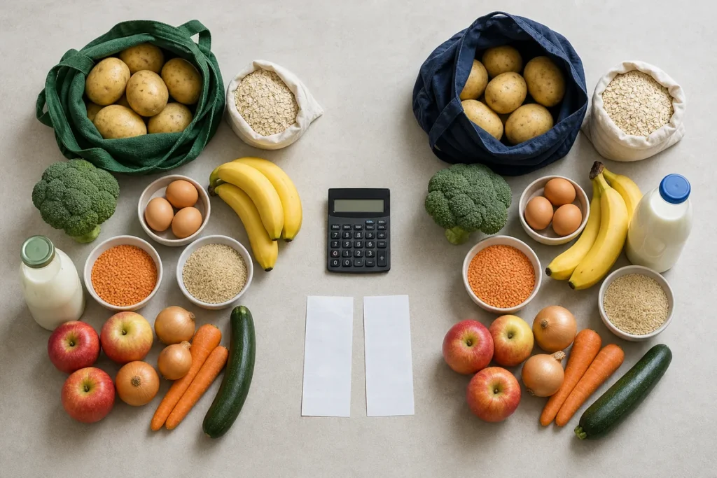 Two matching groups of unbranded groceries arranged side by side with a calculator and blank receipts.