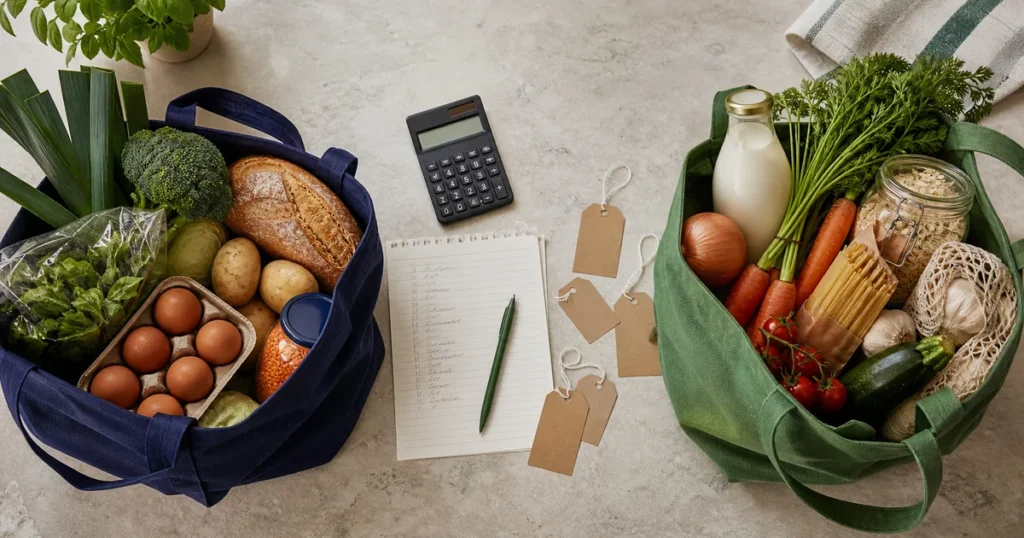 Two grocery bags, a calculator, a shopping list and blank price tags arranged for a supermarket comparison.