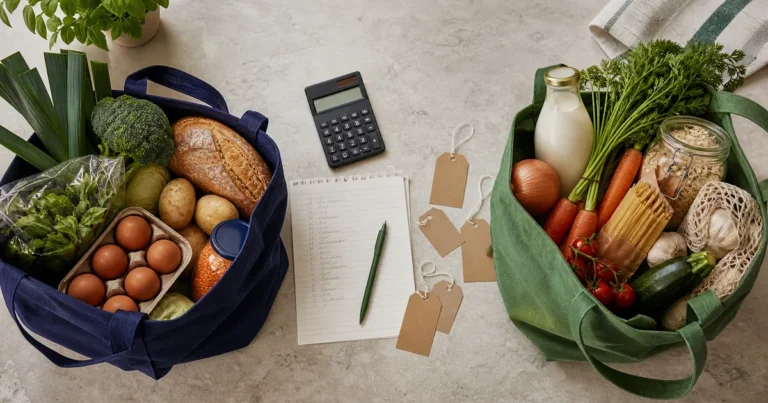 Two grocery bags, a calculator, a shopping list and blank price tags arranged for a supermarket comparison.