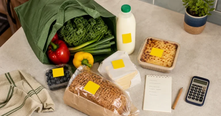 Reduced groceries with blank yellow stickers beside a shopping list and calculator