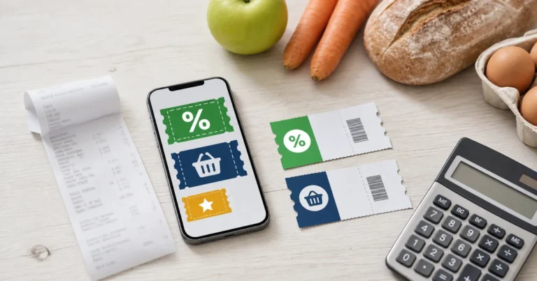 Smartphone, paper grocery coupons, till receipt, calculator and fresh food on a kitchen table