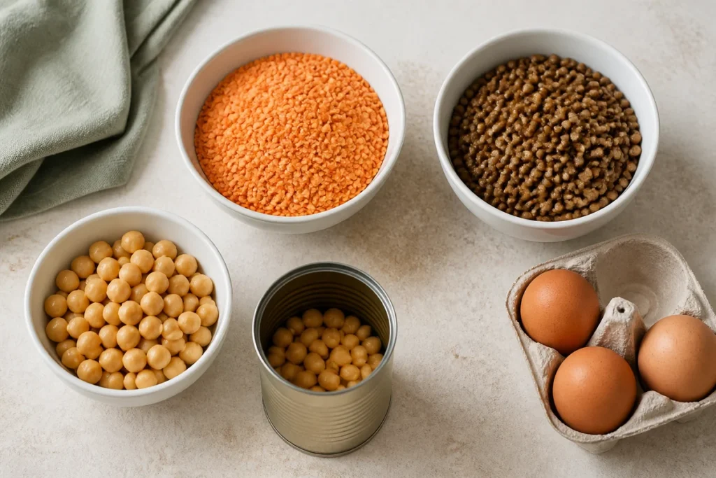 Dry red lentils, cooked lentils, chickpeas and eggs arranged on a kitchen worktop