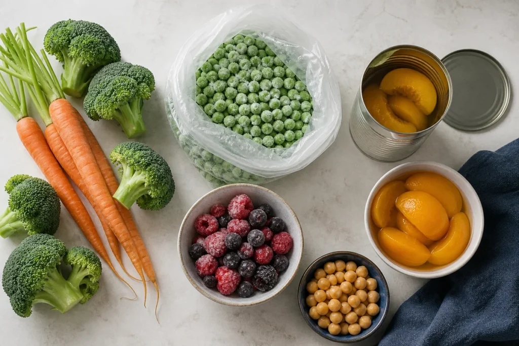 Fresh carrots and broccoli beside frozen peas and berries, tinned peaches and chickpeas