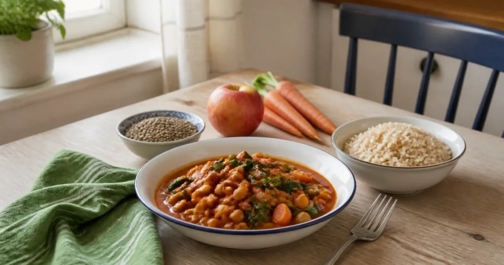 Chickpea and vegetable stew with brown rice, carrots, an apple and lentils on a kitchen table