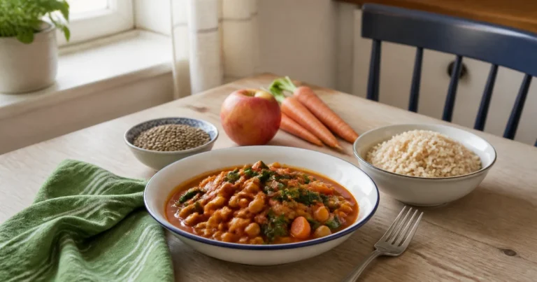 Chickpea and vegetable stew with brown rice, carrots, an apple and lentils on a kitchen table