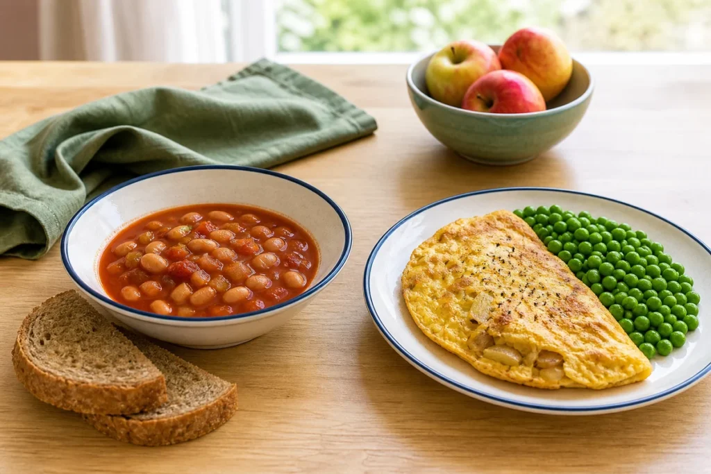 Bean and tomato soup with wholemeal bread beside a potato omelette and cooked peas
