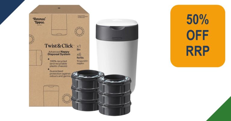 White Tommee Tippee Twist & Click nappy bin with six refill cassettes and packaging
