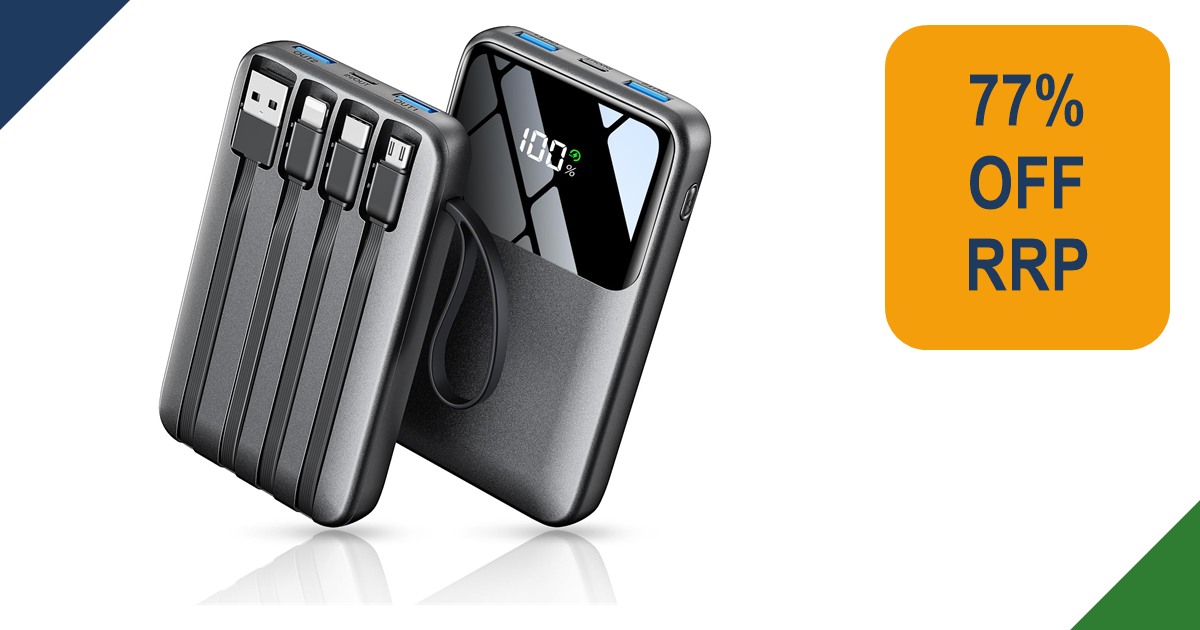 Front and rear views of a black HELLEE power bank with built-in cables and LED display