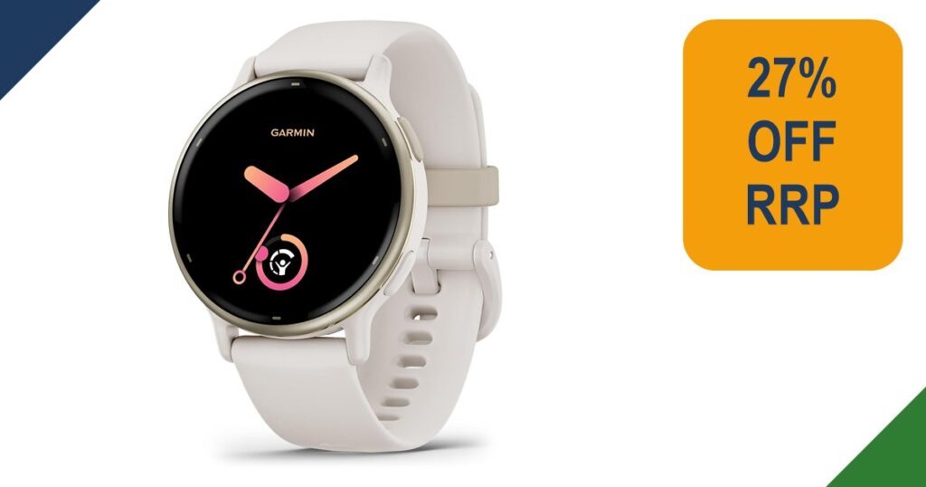 Garmin vívoactive 5 smartwatch with ivory strap and round display