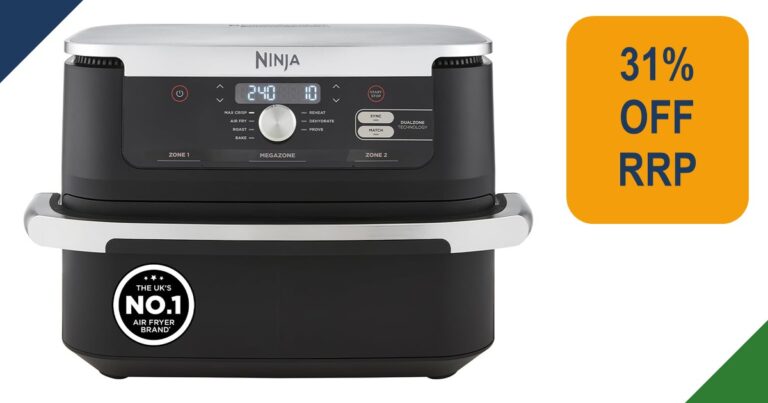 Black Ninja Foodi FlexDrawer air fryer with silver handle and digital controls