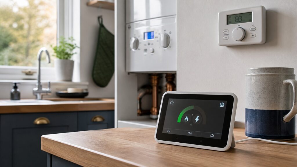 Smart energy display beside the controls of a domestic gas boiler in a British home.