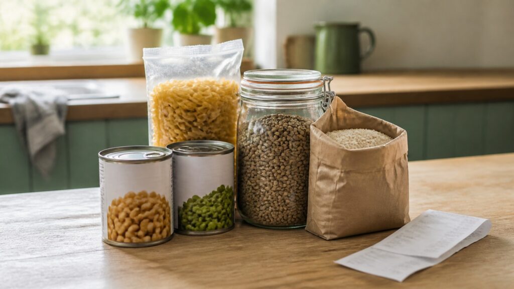 Tinned food, pasta, rice and a jar of lentils beside a receipt on a kitchen worktop.