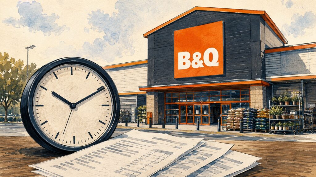 Editorial illustration of a B&Q store with a large clock and abstract pay paperwork in the foreground.