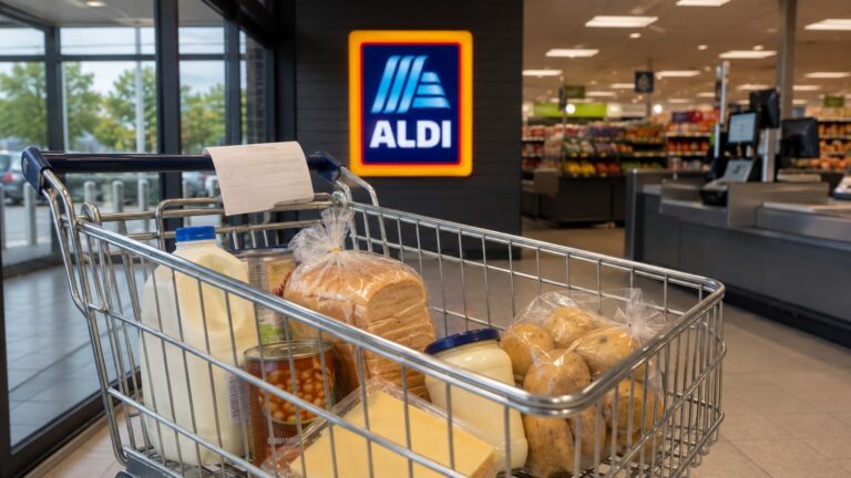 Trolley filled with everyday groceries beside an Aldi supermarket checkout.
