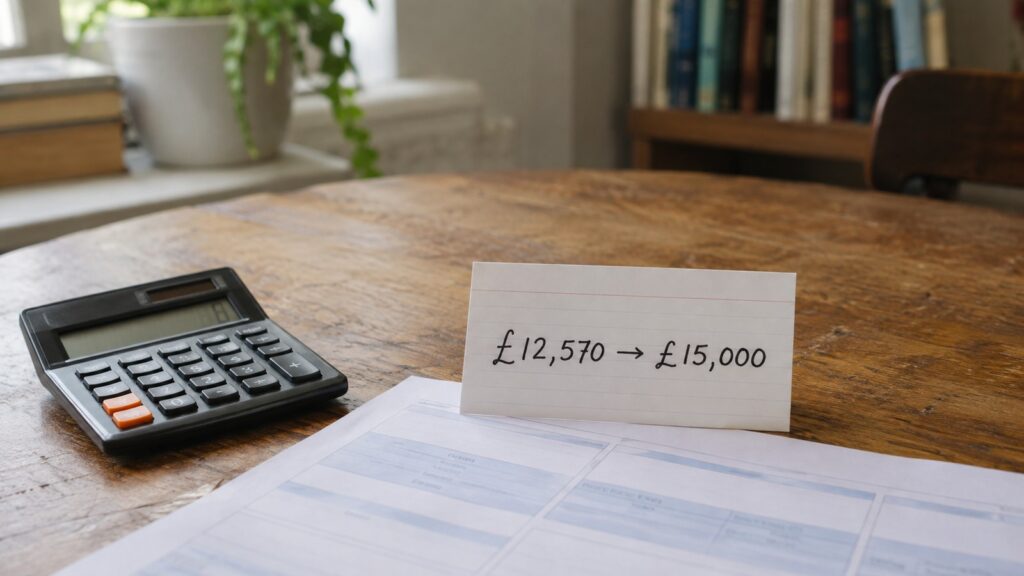 Calculator and payslip beside a card showing the Personal Allowance changing from £12,570 to £15,000.
