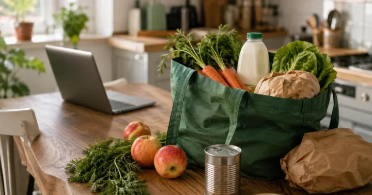 A reusable bag of groceries, apples and an unbranded tin on a kitchen table beside a laptop.
